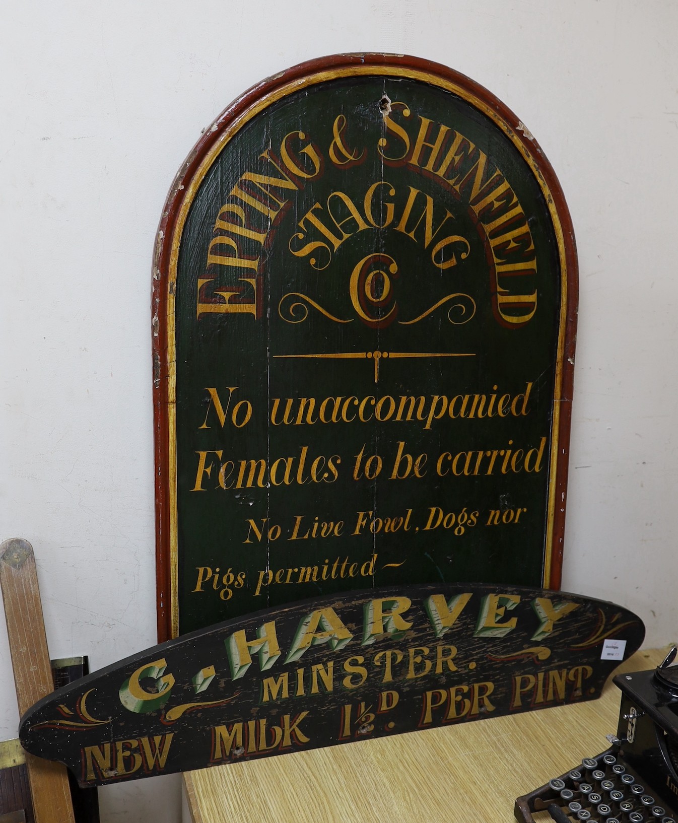 An Epping & Shenfield Staging Co sign and one other sign (2) largest 93x60cm